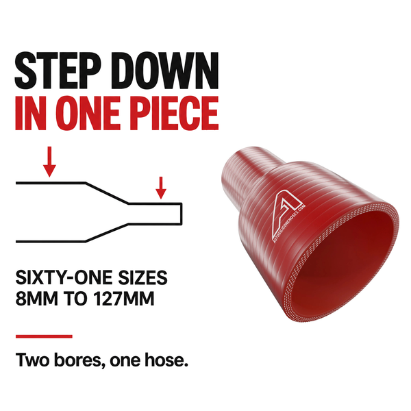 Straight Reducing Silicone Hose - Red - Step down in one piece - sixty-one sizes, 8mm to 127mm