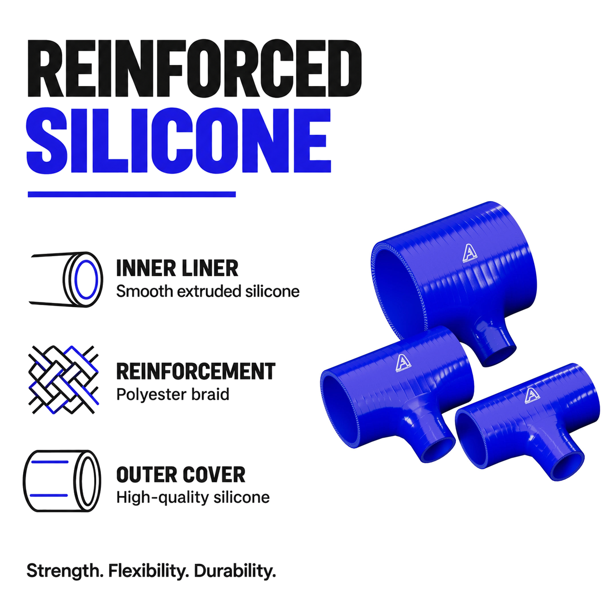 Silicone T-Piece Connector - Blue - Reinforced silicone construction - polyester braid, smooth inner liner