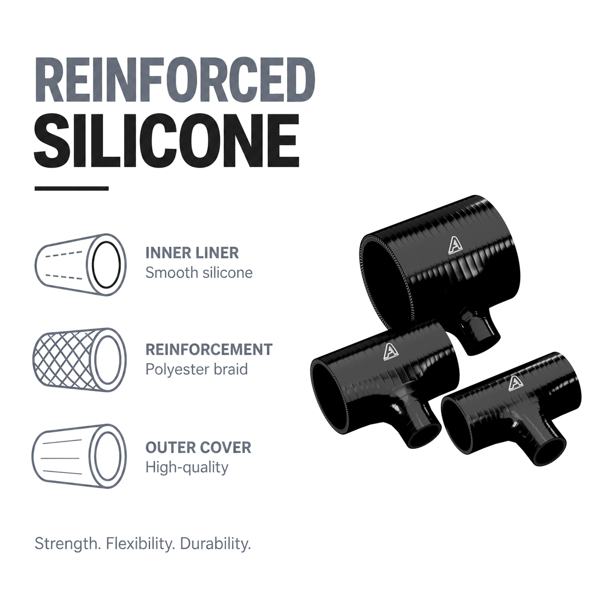 Silicone T-Piece Connector - Black - Reinforced silicone construction - polyester braid, smooth inner liner