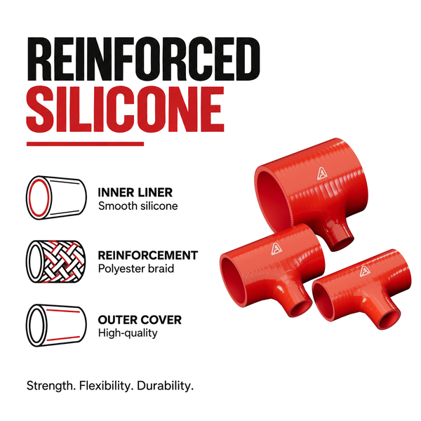Silicone T-Piece Connector - Red - Reinforced silicone construction - polyester braid, smooth inner liner