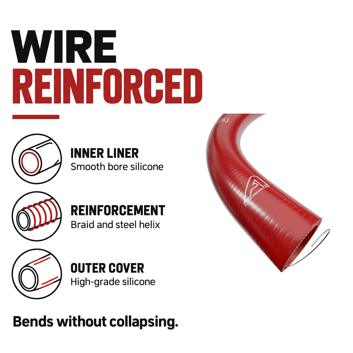 1 Metre SuperFlex Wire Reinforced Silicone - Red - Wire reinforced construction - polyester braid with steel wire helix