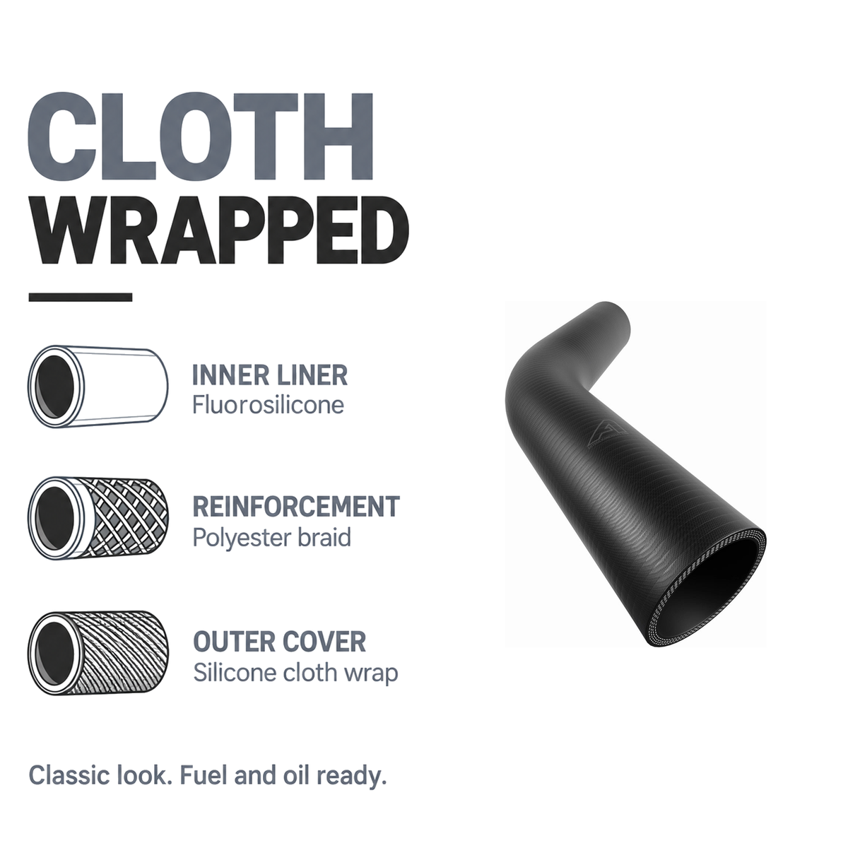 45 Degree Wrapped Silicone Elbow - Black - Cloth wrapped - fluorosilicone liner, polyester braid, silicone cloth wrap