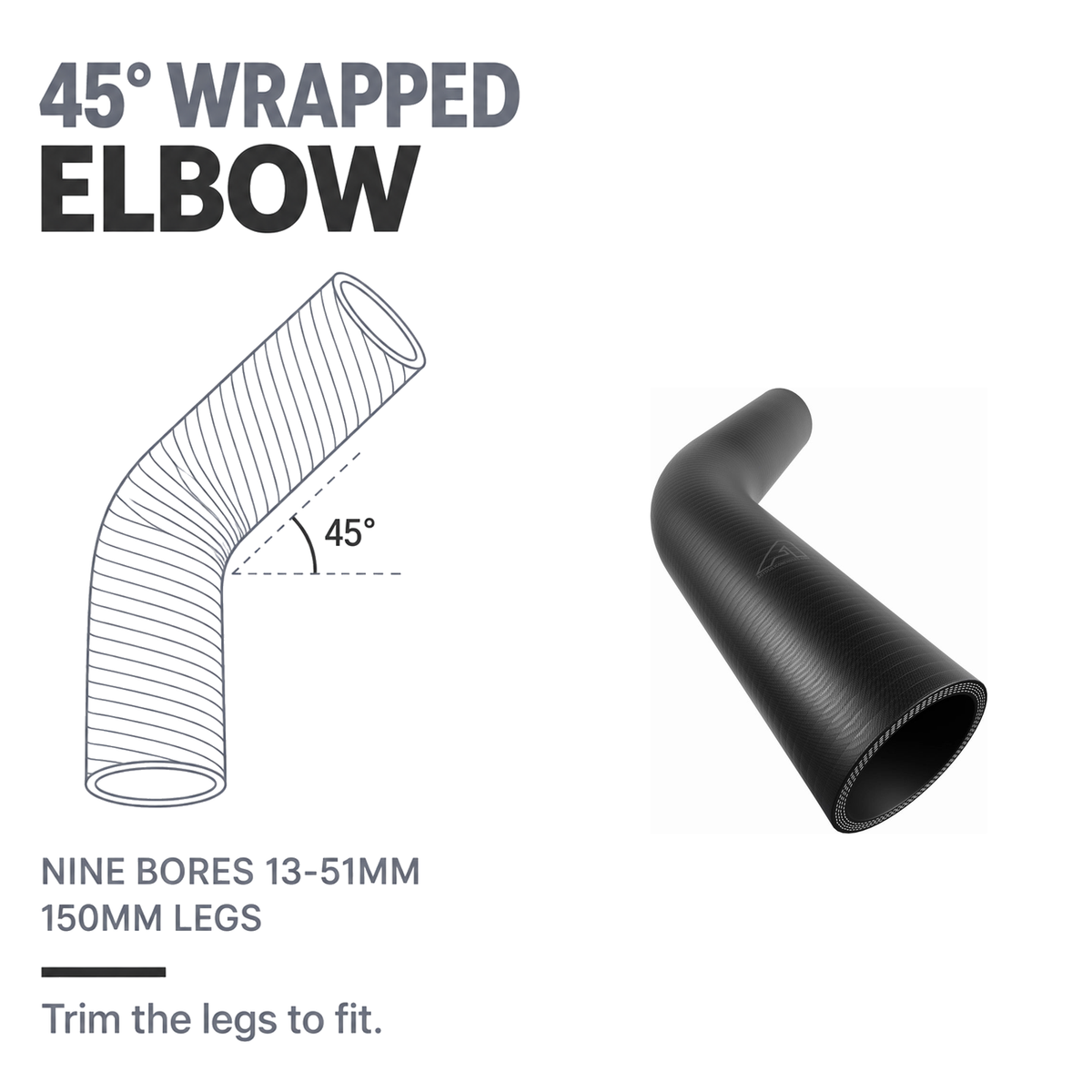 45 Degree Wrapped Silicone Elbow - Black - 45 degree wrapped elbow - nine bores 13-51mm, 150mm legs
