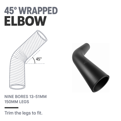 45 Degree Wrapped Silicone Elbow - Black - 45 degree wrapped elbow - nine bores 13-51mm, 150mm legs