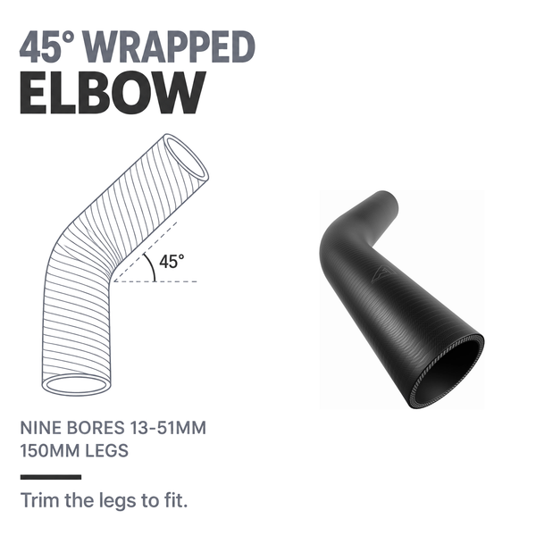 45 Degree Wrapped Silicone Elbow - Black - 45 degree wrapped elbow - nine bores 13-51mm, 150mm legs