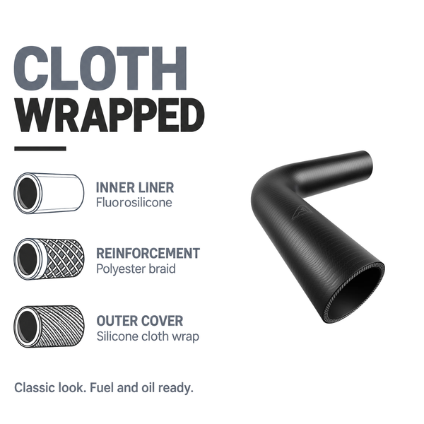 90 Degree Wrapped Silicone Elbow - Black - Cloth wrapped - fluorosilicone liner, polyester braid, silicone cloth wrap