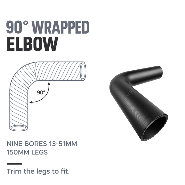 90 Degree Wrapped Silicone Elbow - Black - 90 degree wrapped elbow - nine bores 13-51mm, 150mm legs