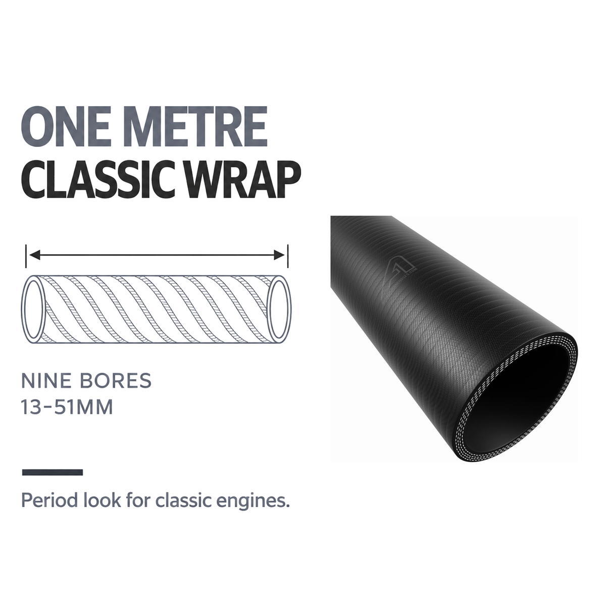 1 Metre Classic Wrapped Straight Silicone Hose - Black - One metre classic wrap - nine bores 13-51mm
