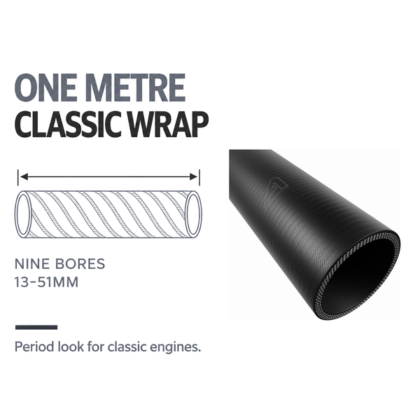 1 Metre Classic Wrapped Straight Silicone Hose - Black - One metre classic wrap - nine bores 13-51mm